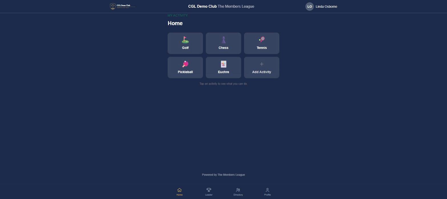 A club's branding applied across the member app — its logo, name, and colors in the header.
