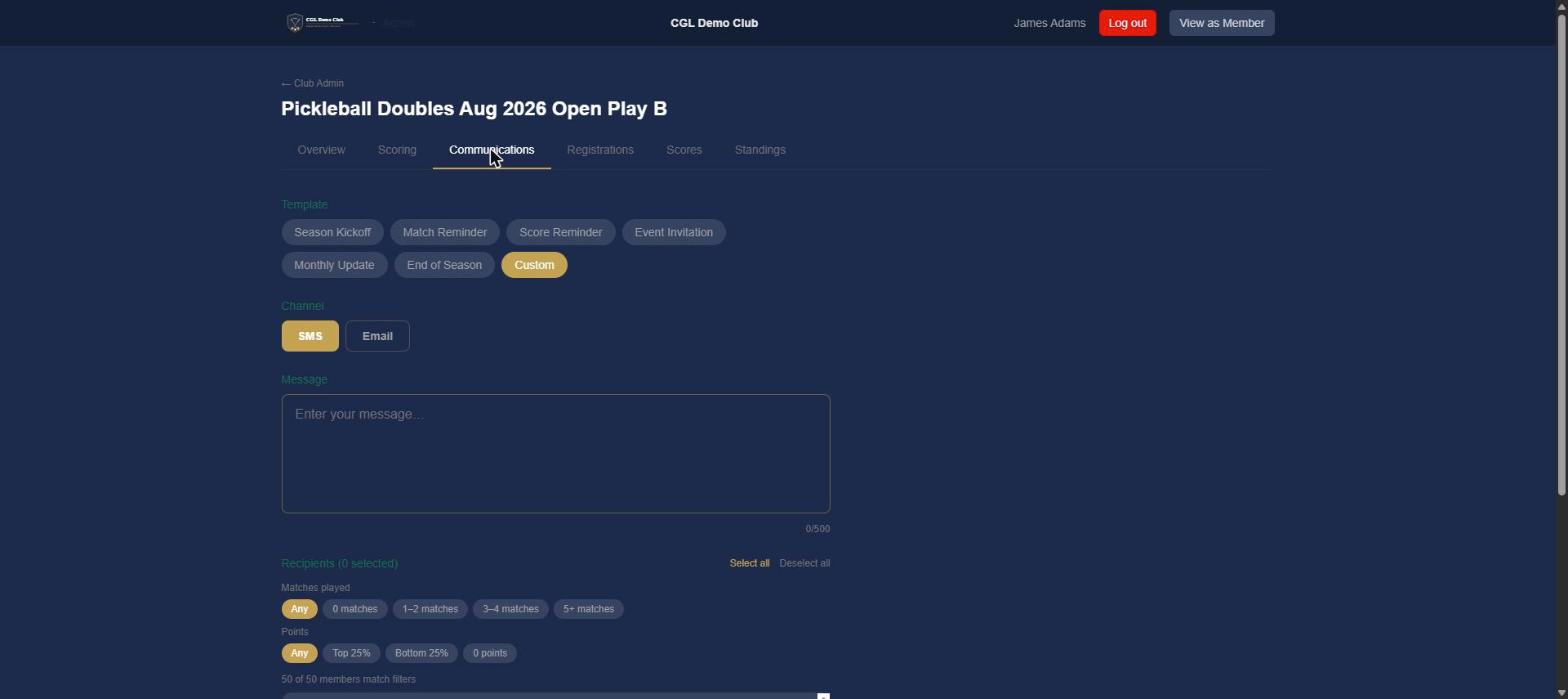 The announcement composer — message templates, a channel choice of text or email, and recipient filters.