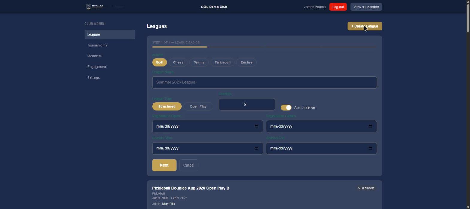 The first step of the create-a-league wizard — activity, name, league type, matches, auto-approve, and season dates.
