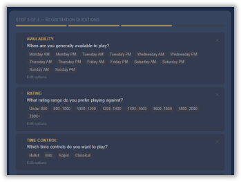 The registration question builder, with required and optional questions and filter questions for the directory.