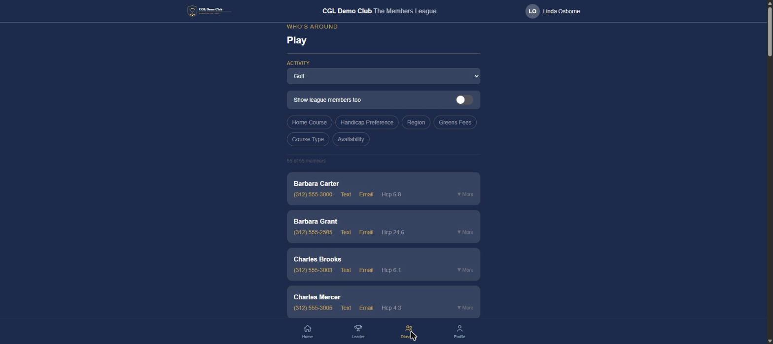 The Directory tab, listing members for one activity above a row of club-configured filters.