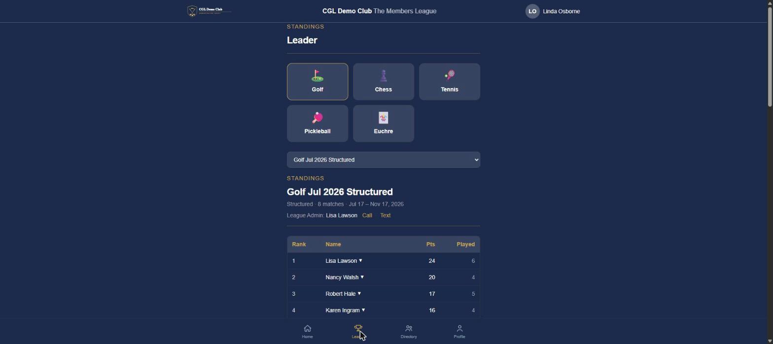 The Leader tab, showing live standings for a club league with the League Admin's name and call and text links.