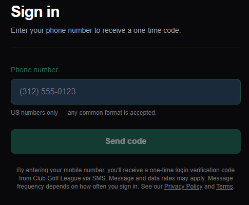 The phone login screen where a member enters the one-time code texted to their mobile number.