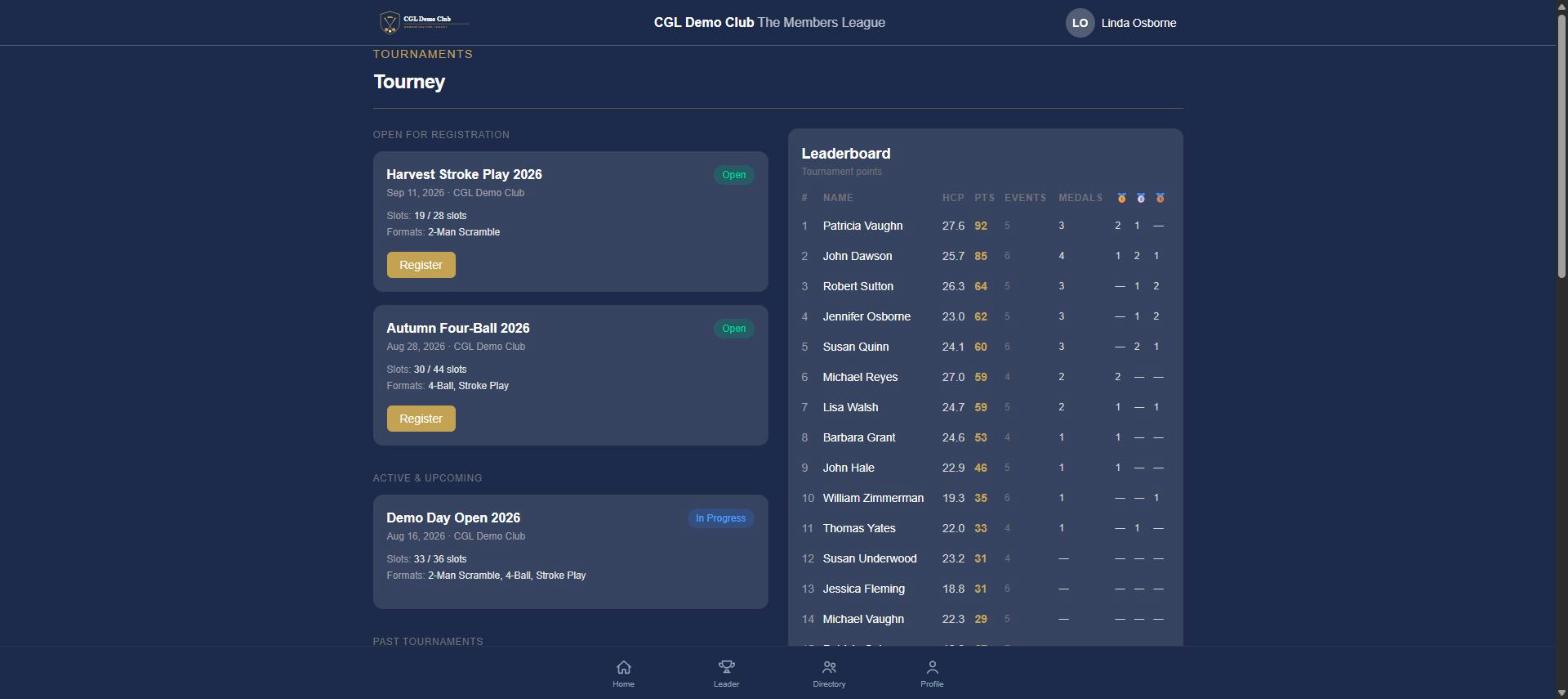 Club tournaments open for registration beside a season leaderboard tracking points, events played, and podium finishes.